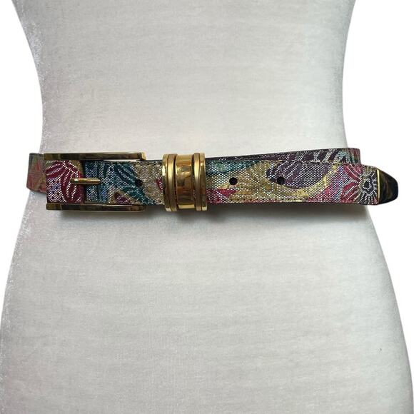VTG B.B. Simon Women's Metallic Floral Leather Belt Brass Tone Size Small - Picture 3 of 6